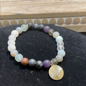 Elegant Multi-Color Gemstone Beaded Bracelet with Gold Charm